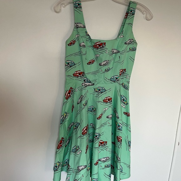 Retro Green Mini Dress w Vintage Car Pattern - Picture 2 of 7